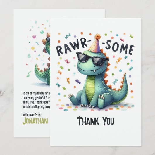 Niedlicher Dinosaurier "Rawr-some" Kindergeburtsta Dankeskarte (Vorne/Hinten)