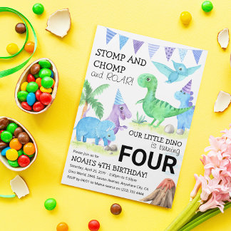 Niedlicher Dinosaurier Stomp, Chomp & Roar 4. Gebu Einladung