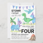 Niedlicher Dinosaurier Stomp, Chomp & Roar 4. Gebu Einladung (Vorderseite)