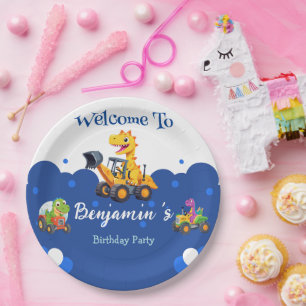 Niedlicher Dinosaurier-Traktor-Hubballon Geburtsta Pappteller