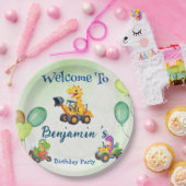 Niedlicher Dinosaurier-Traktor-Hubballon Geburtsta Pappteller (Party)