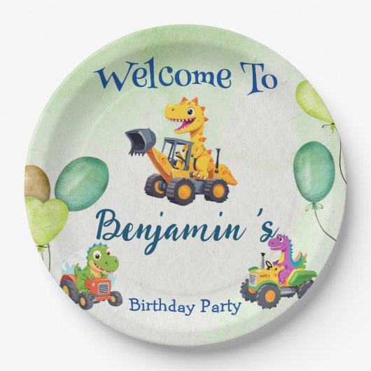 Niedlicher Dinosaurier-Traktor-Hubballon Geburtsta Pappteller (Vorderseite)