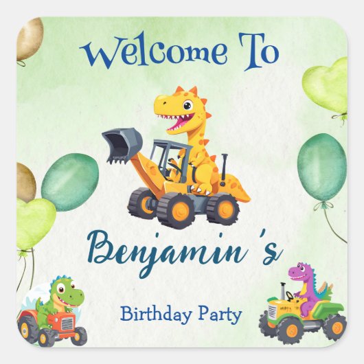 Niedlicher Dinosaurier-Traktor-Hubballon Geburtsta Quadratischer Aufkleber (Vorderseite)