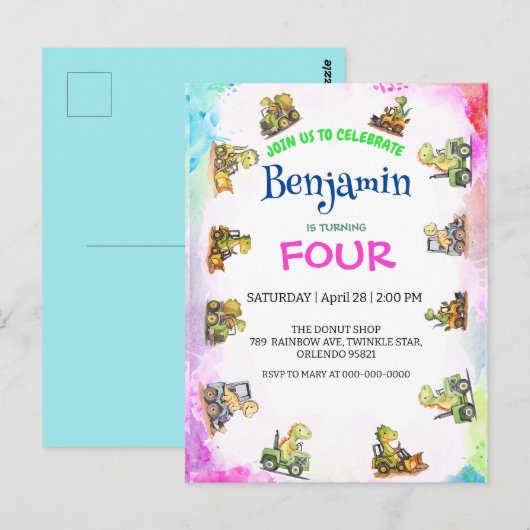 Niedlicher Dinosaurier-Traktor Rainbow B2S School  Postkarte (Vorne/Hinten)