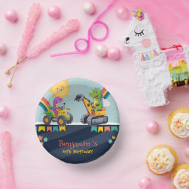 Niedlicher Dinosaurier-Traktor Rainbow-Ballon HBD Pappteller