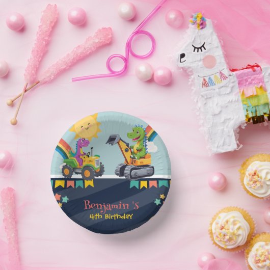 Niedlicher Dinosaurier-Traktor Rainbow-Ballon HBD Pappteller (Party)