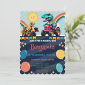 Niedlicher Dinosaurier-Traktor Regenbogen Geburtst Save The Date (Stehend Vorderseite)