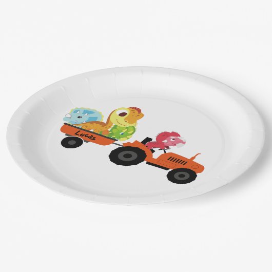 Niedlicher Dinosaurier-Traktorjunge zurück zur Sch Pappteller (Schrägansicht)