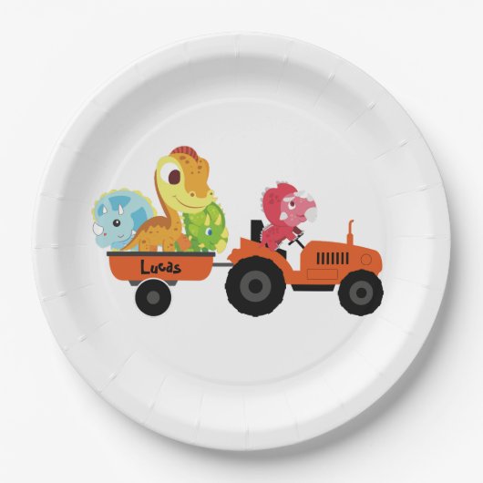 Niedlicher Dinosaurier-Traktorjunge zurück zur Sch Pappteller (Vorderseite)