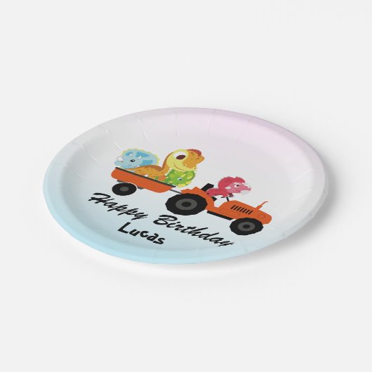 Niedlicher Dinosaurier-Traktorjunge zurück zur Sch Pappteller (Schrägansicht)