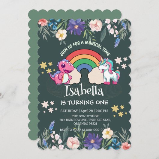 Niedlicher Dinosaurier Unicorn Regenbogen Blumenge Einladung (Vorne/Hinten)