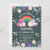 Niedlicher Dinosaurier Unicorn Regenbogen Blumenge Einladung (Vorderseite)