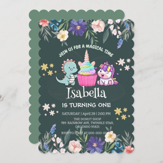 Niedlicher Dinosaurier Unicorn Regenbogen Blumenge Einladung (Vorne/Hinten)
