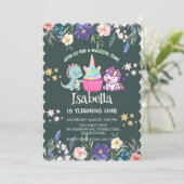 Niedlicher Dinosaurier Unicorn Regenbogen Blumenge Einladung (Stehend Vorderseite)