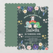 Niedlicher Dinosaurier Unicorn Regenbogen Blumenge Einladung (Vorne/Hinten)