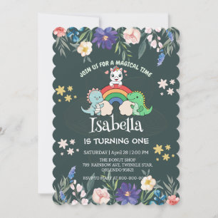 Niedlicher Dinosaurier Unicorn Regenbogen Blumenge Einladung