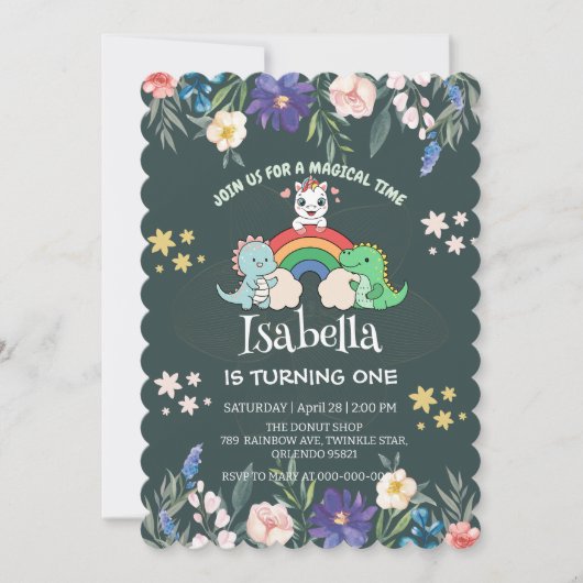 Niedlicher Dinosaurier Unicorn Regenbogen Blumenge Einladung (Vorderseite)