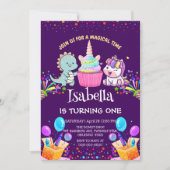 Niedlicher Dinosaurier Unicorn Regenbogenkuchen Ge Einladung (Vorderseite)