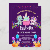 Niedlicher Dinosaurier Unicorn Regenbogenkuchen Ge Einladung (Vorne/Hinten)