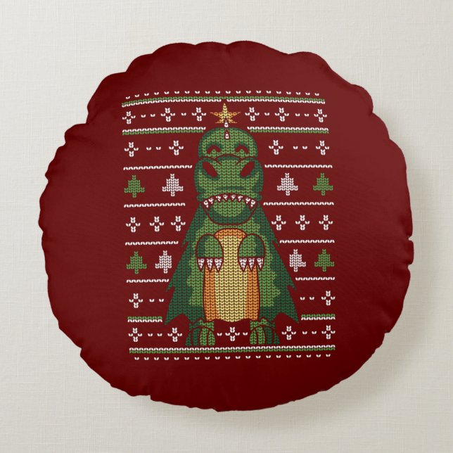 Niedlicher Dinosaurier Weihnachtsbaum Ugly Sweater Rundes Kissen (Vorderseite)