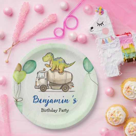 Niedlicher Dinosaurier-Zement-LKW Rainbow School G Pappteller (Party)