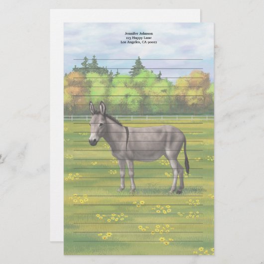 Niedlicher Donkey Gray Burro in Weide Briefpapier (Vorne/Hinten)