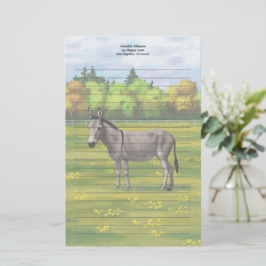 Niedlicher Donkey Gray Burro in Weide Briefpapier (Stehend Vorderseite)