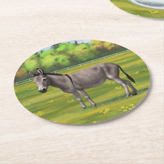 Niedlicher Donkey Gray Burro in Weide Runder Pappuntersetzer (Angewinkelt)