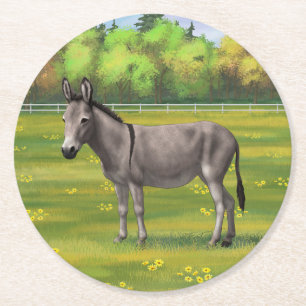 Niedlicher Donkey Gray Burro in Weide Runder Pappuntersetzer