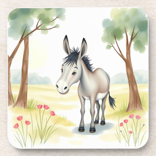 Niedlicher Donkey-Watercolor-Frühling Getränkeuntersetzer (Vorderseite)