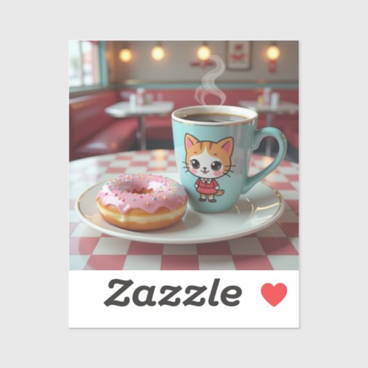Niedlicher Donut und Kaffee in Retro Diner Aufkleber (Blatt)