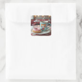 Niedlicher Donut und Kaffee in Retro Diner Quadratischer Aufkleber (Tasche)