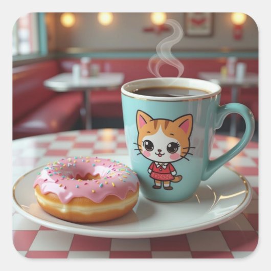 Niedlicher Donut und Kaffee in Retro Diner Quadratischer Aufkleber (Vorderseite)