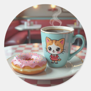 Niedlicher Donut und Kaffee in Retro Diner Runder Aufkleber