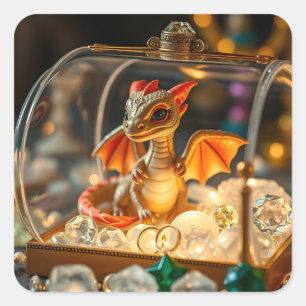 Niedlicher Drache in einer Schmuckbox Quadratischer Aufkleber