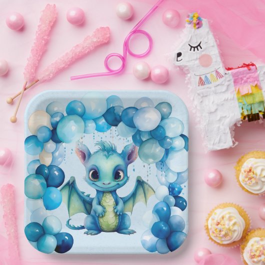 Niedlicher Drache mit Blue Balloons Boy Baby Dusch Pappteller (Party)
