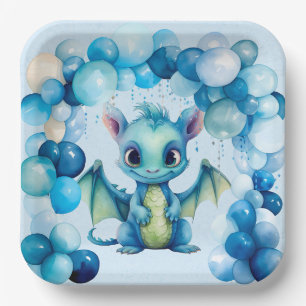 Niedlicher Drache mit Blue Balloons Boy Baby Dusch Pappteller