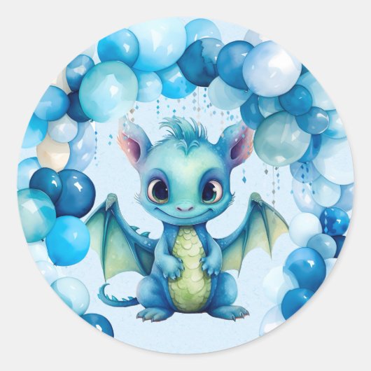 Niedlicher Drache mit Blue Balloons Boy Baby Dusch Runder Aufkleber (Vorderseite)