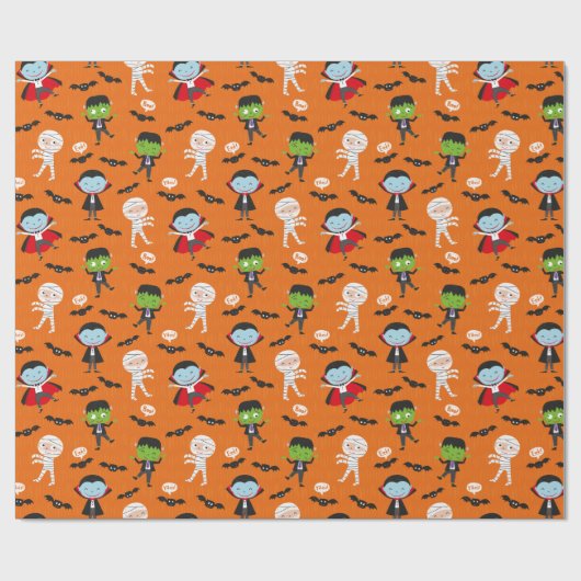 Niedlicher Dracula Halloween Vampire auf Orange Geschenkpapier (Flach)