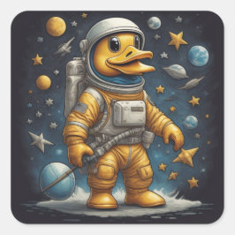Niedlicher Duckastronaut im All mit Planeten, lust Quadratischer Aufkleber