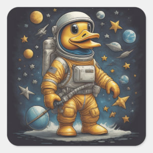 Niedlicher Duckastronaut im All mit Planeten, lust Quadratischer Aufkleber