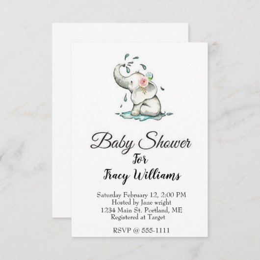 Niedlicher DuschElefant Einladung (Vorne/Hinten)