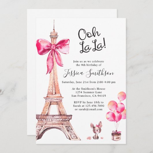 Niedlicher Eiffelturm Paris Geburtstag Einladungen (Vorne/Hinten)
