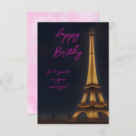 Niedlicher Eiffelturm Pink Script Happy Birthday Dankeskarte (Vorne/Hinten)