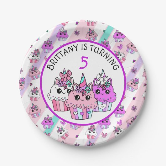 Niedlicher Einhorn Cupcakes Girl's Birthday Pappteller (Vorderseite)