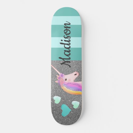 Niedlicher Einhorn Glitzer Aquamarin Herz Kinder P Skateboard (Vorderseite)