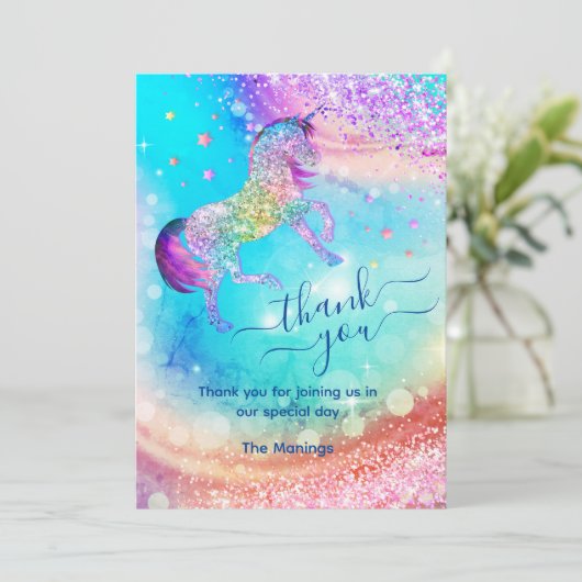 Niedlicher Einhorn irisierender Glitzer danken Ihn Karte (Stehend Vorderseite)