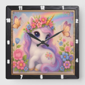 Niedlicher Einhorn-Schmetterling-Regenbogen Quadratische Wanduhr (Vorderseite)