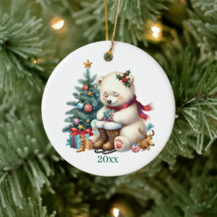 Niedlicher Eisbär Datum und Botschaft Weihnachten  Keramik Ornament