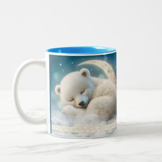 Niedlicher Eisbär Schlafen auf dem Mond Personalis Zweifarbige Tasse (Links)